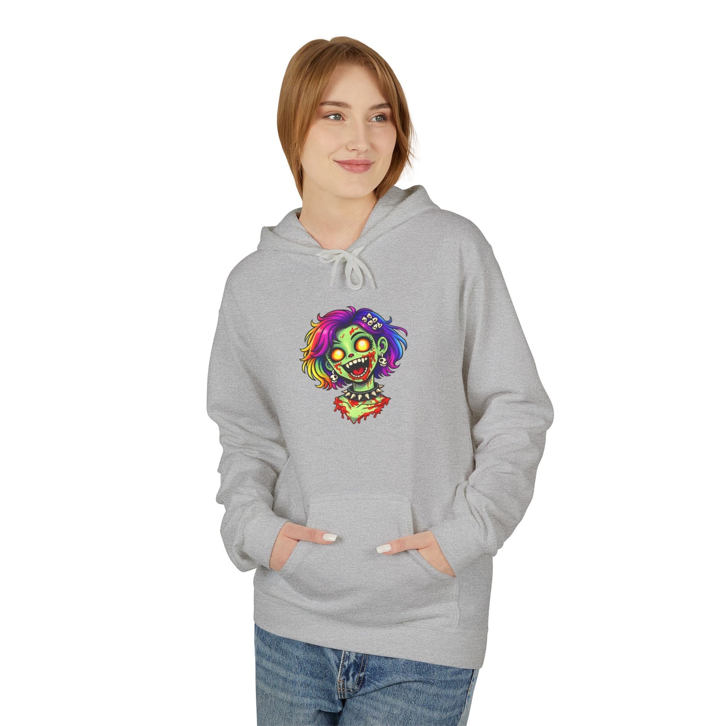 Zombie Rainbow Skull Hoodie — “BRAINZZZ” Neon Horror Pullover