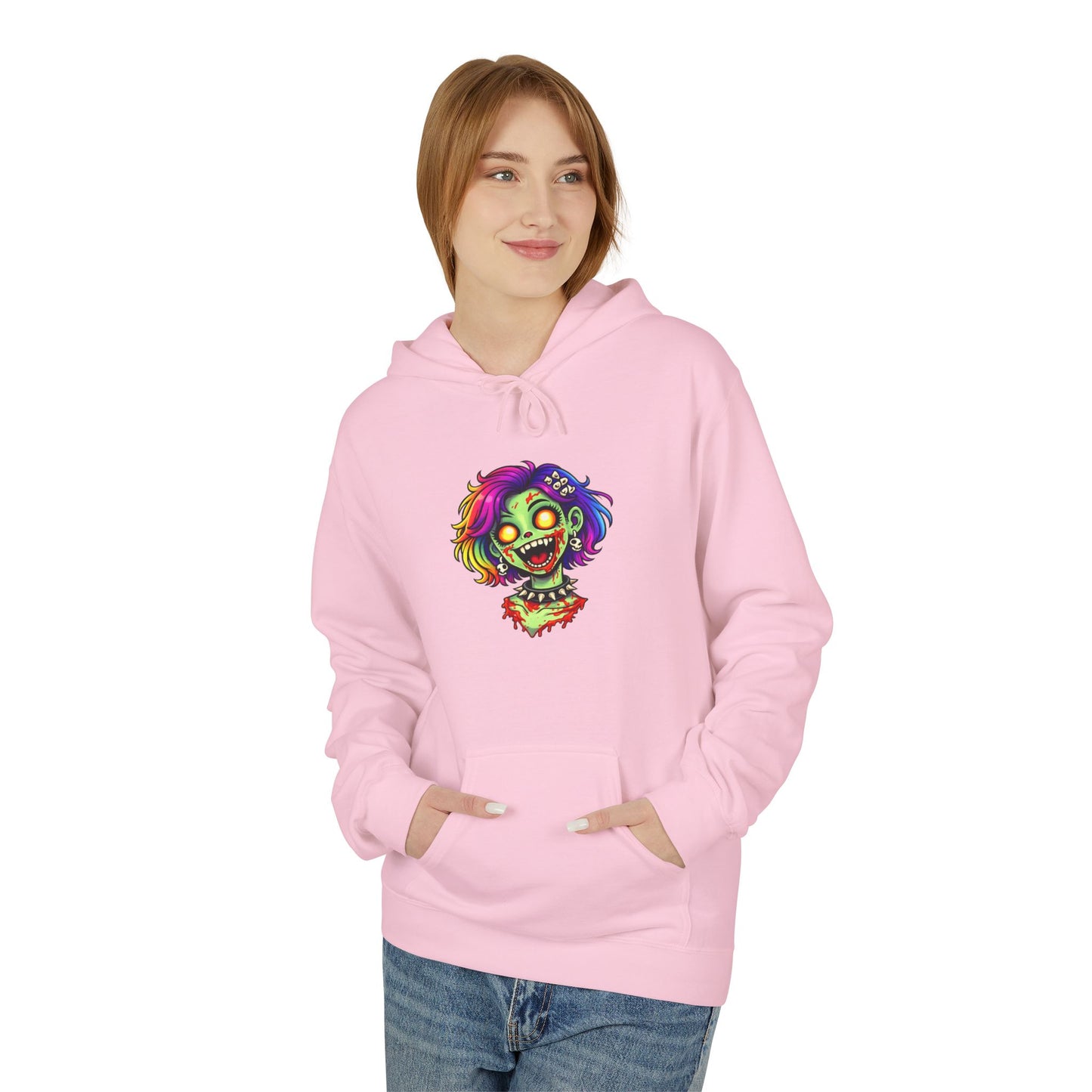 Zombie Rainbow Skull Hoodie — “BRAINZZZ” Neon Horror Pullover