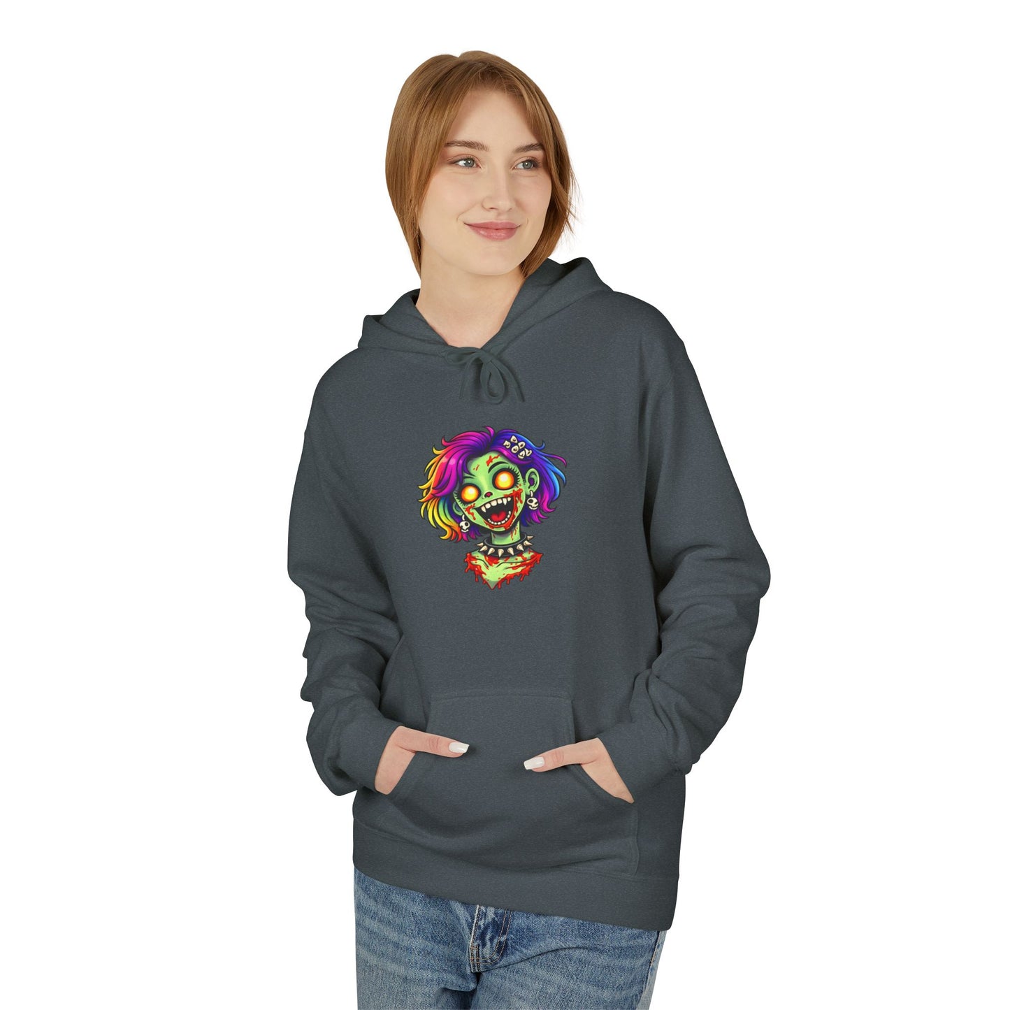 Zombie Rainbow Skull Hoodie — “BRAINZZZ” Neon Horror Pullover