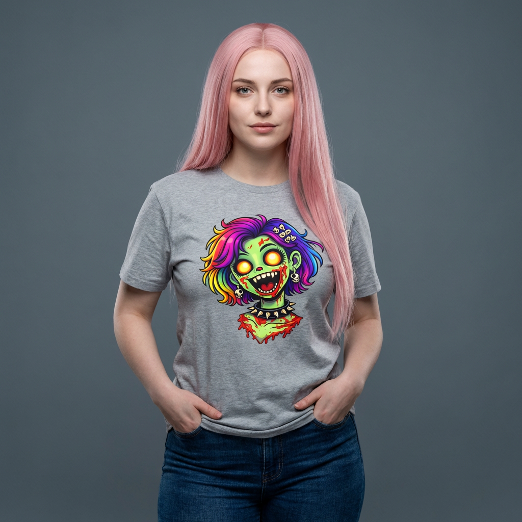 Zombie Girl T-Shirt — Neon Rainbow Horror Graphic Tee