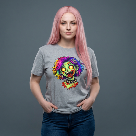 Zombie Girl T-Shirt — Neon Rainbow Horror Graphic Tee