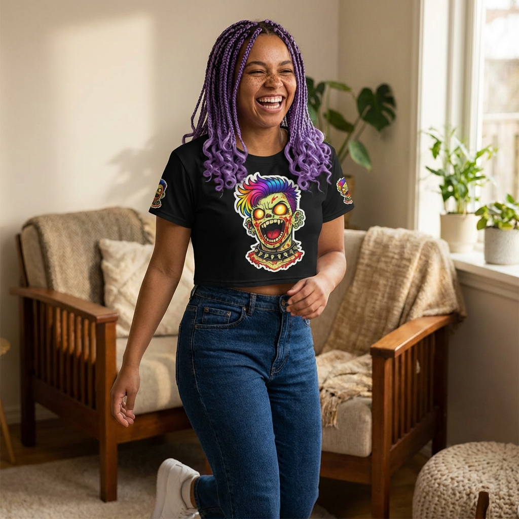 Zombie Punk Crop Tee — Colorful 'BRAI NZZZ' Horror Graphic
