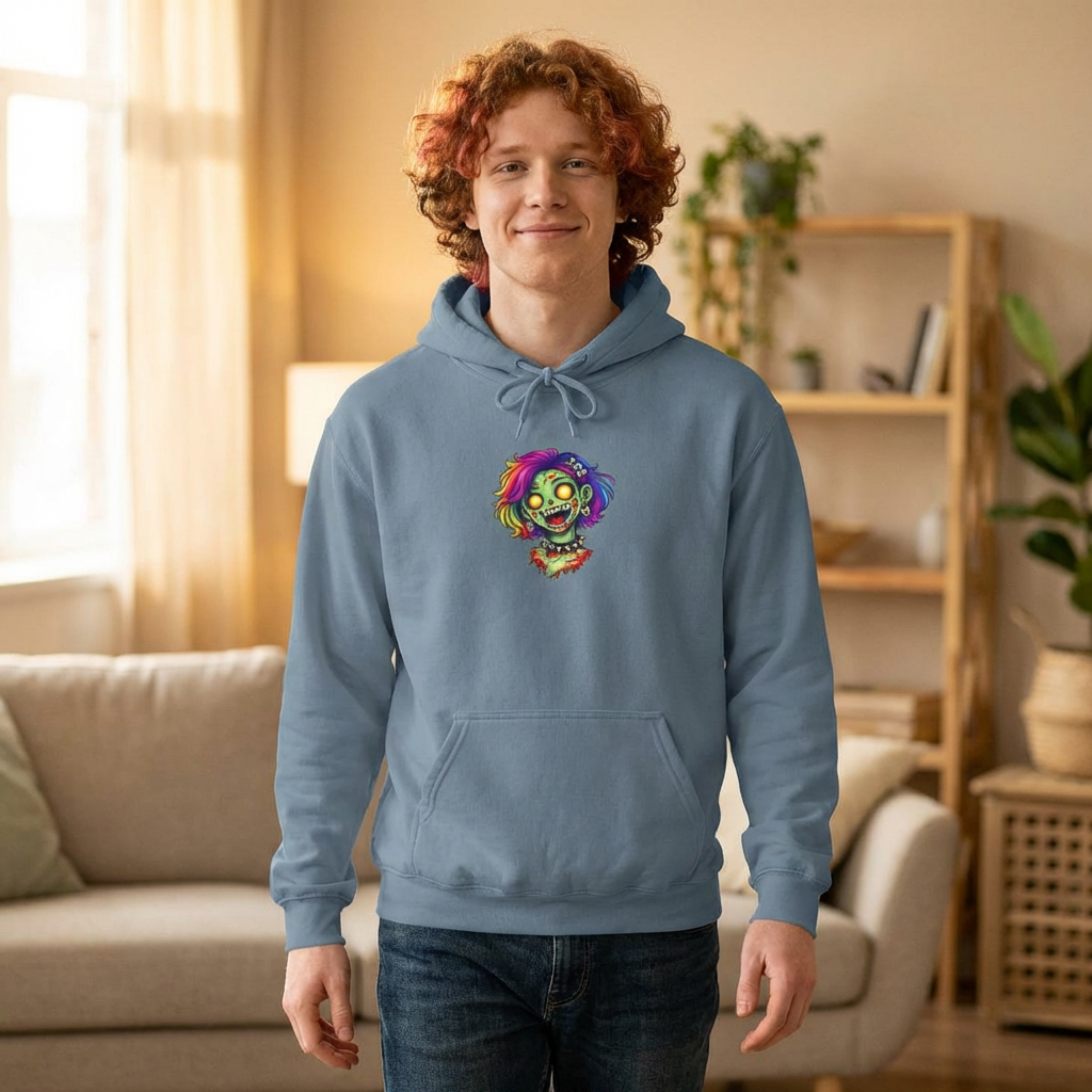 Zombie Rainbow Skull Hoodie — “BRAINZZZ” Neon Horror Pullover