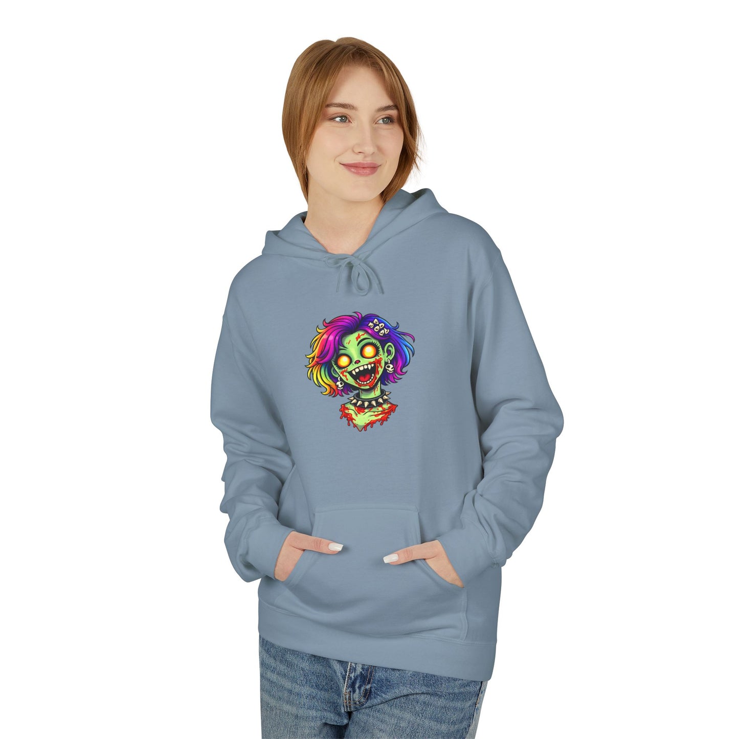 Zombie Rainbow Skull Hoodie — “BRAINZZZ” Neon Horror Pullover