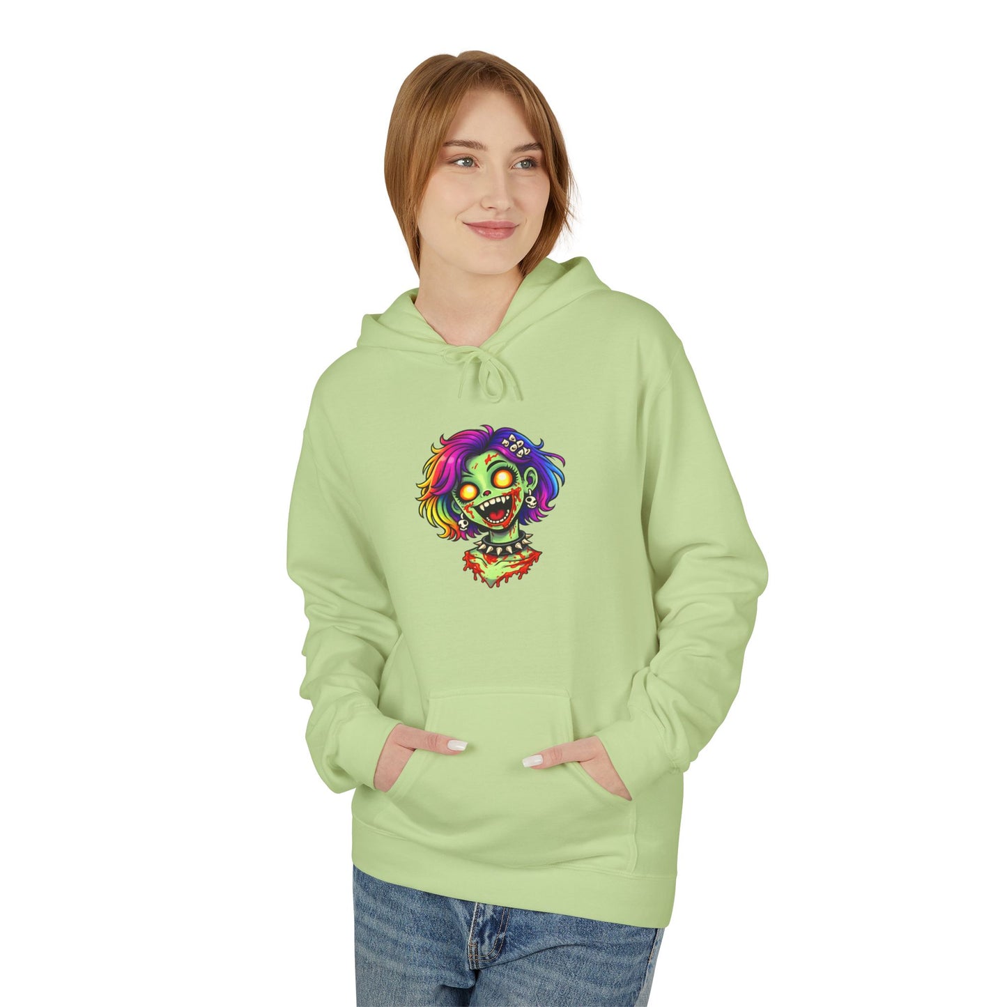 Zombie Rainbow Skull Hoodie — “BRAINZZZ” Neon Horror Pullover