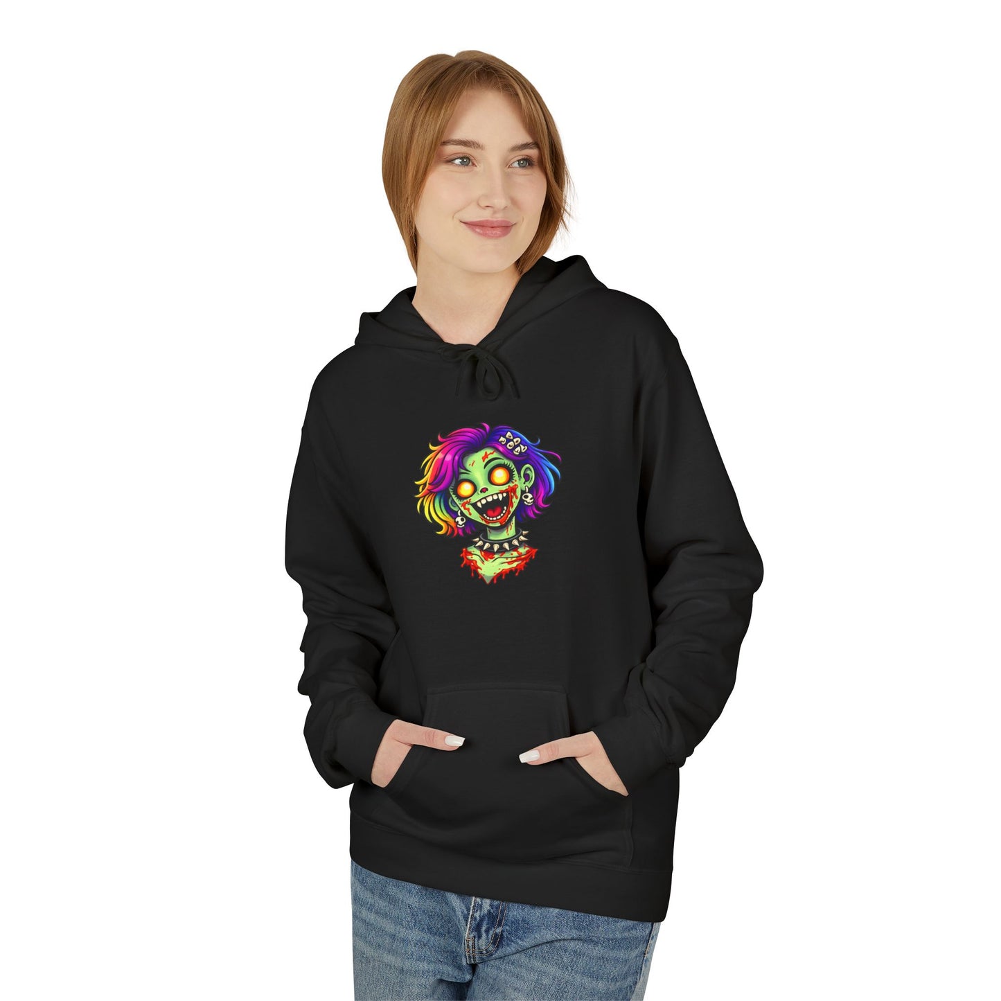Zombie Rainbow Skull Hoodie — “BRAINZZZ” Neon Horror Pullover