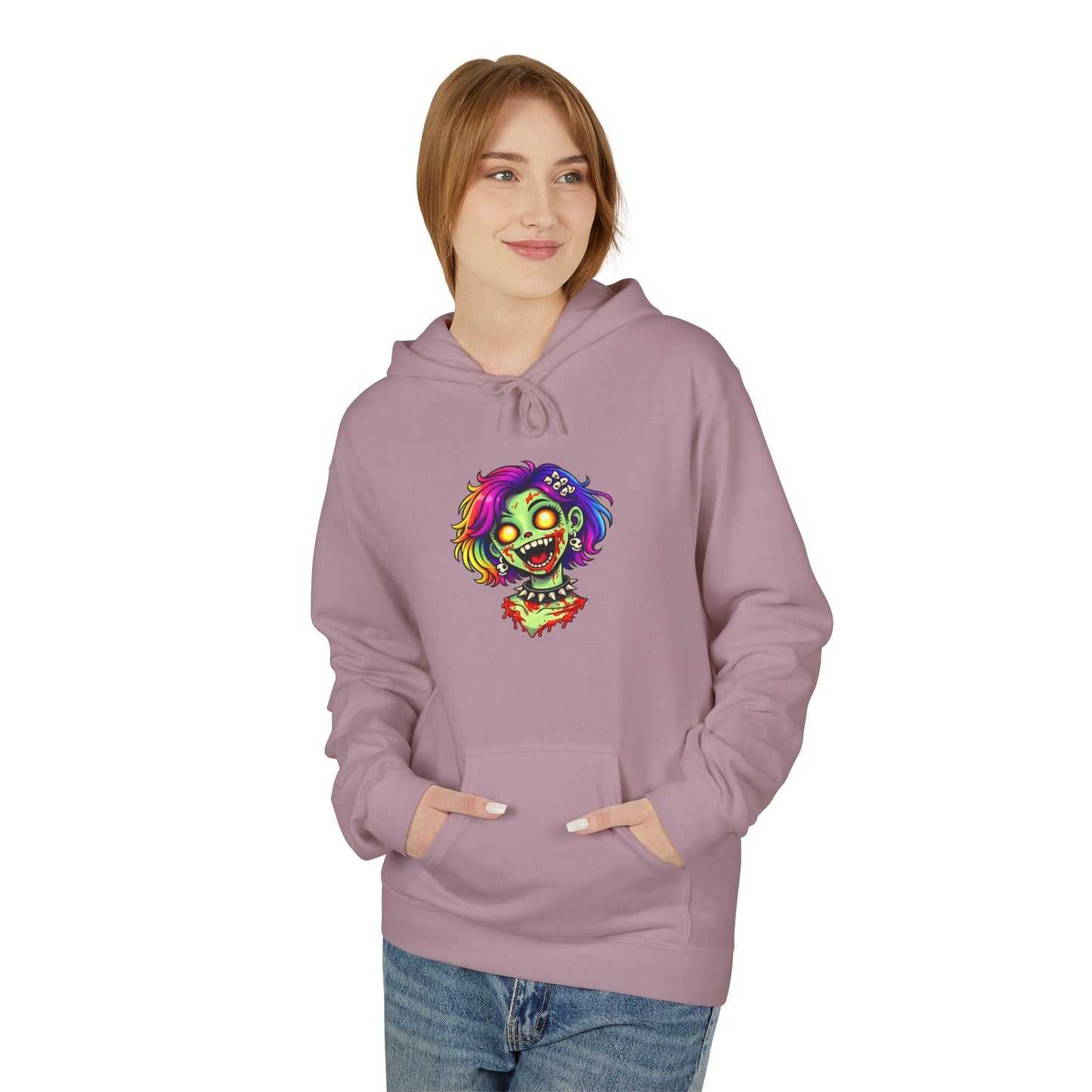 Zombie Rainbow Skull Hoodie — “BRAINZZZ” Neon Horror Pullover